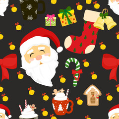 Joyful Santa Claus face, gift, stocking, and candy cane seamless pattern. cute, festive winter holiday background design for wallpaper, wrapping paper, or celebration