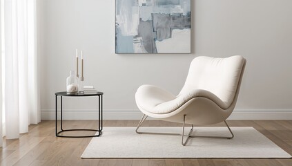 Modern minimalist interior with white lounge chair, side table, abstract art, and soft natural lighting.