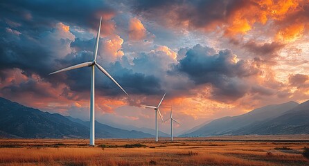 Wind Turbines in Mountainous Landscape at Sunset.Ideal for sustainability, energy, and landscape-themed projects. Great for green energy visuals, scenic content.