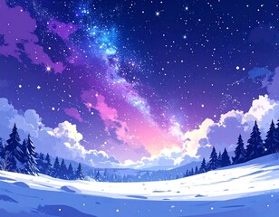 Dreamy snow-covered landscape with a vibrant, colorful, starry galaxy illuminating the winter night sky