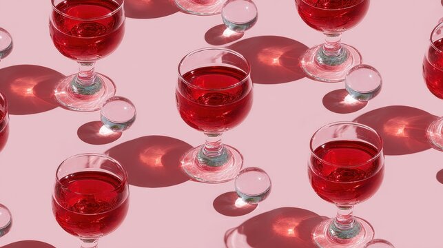 Wine glasses and crystal balls are casting shadows on the soft pink scene.