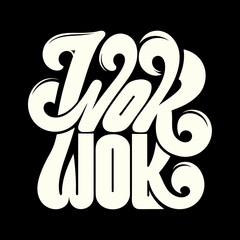Cream colored script text W O K on black background