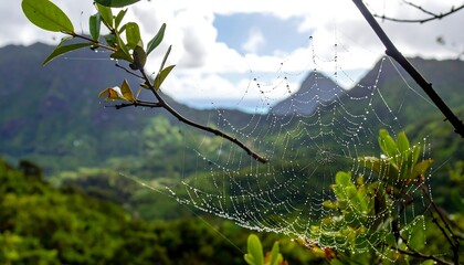 Dew-covered spiderweb stretched across greenery, framing distant misty mountain peaks under a cloudy sky