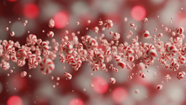 Whimsical display of red and white peppermints in mid-air. The scene is festive and delightful, with a soft blur of background lights. 