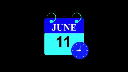 June month 11 date calendar Page with Clock Icon animation on white Background. Digital calendar month concept design.