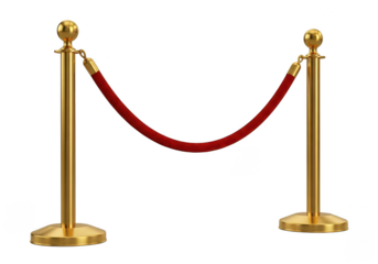 Gold stanchions with red velvet rope on transparent background
