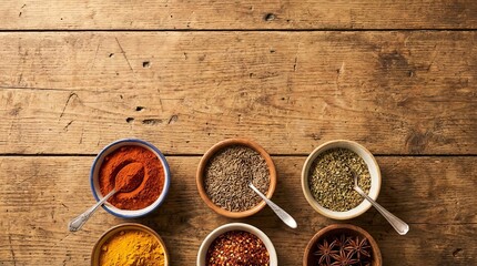 Assorted spice bowls arranged neatly on a rustic wooden table background, showcasing rich textures and natural colors, creating a warm culinary scene perfect for cooking, seasoning, and kitchen-themed