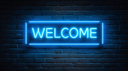 A bright neon sign with the word WELCOME illuminated on a brick wall, providing a warm and inviting atmosphere.