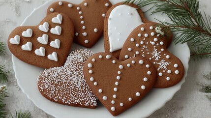 A beautiful assortment of gingerbread hearts is displayed on a white plate, adorned with intricate icing and festive designs. These treats celebrate the joy of holiday baking