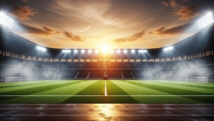 Empty soccer football cricket arena stadium field smoke with stadium lights glowing at dusk, featuring a green turf pitch and grandstands ready for a professional sports competition event