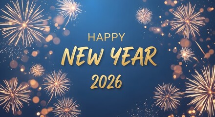 Happy New Year 2026 festive fireworks on a blue background