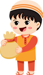 A cheerful cartoon illustration of a young boy wearing traditional Islamic attire, holding a bag.
