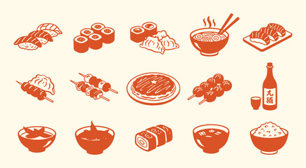Japanese Food. Sushi. Ramen. A modern orange vector icon set of various Japanese dishes like sushi, ramen, and gyoza for a restaurant menu, a food blog, or a cultural design project.