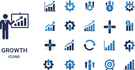 Growth icons set, business development and performance symbols, flat vector illustration for strategy, analytics, financial success, and progress
