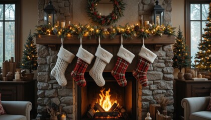 fireplace with christmas decorations