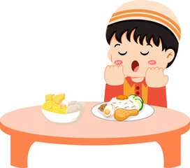 Illustration of a boy praying before eating a meal at a table.