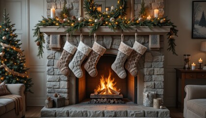 fireplace with christmas decorations