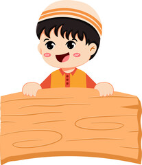 A cheerful cartoon boy wearing a cap, holding a wooden sign with a happy expression.