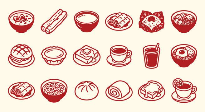 Hong Kong. Breakfast. Food Icons. A retro red vector icon set of traditional Hong Kong breakfast and dim sum for a cha chaan teng menu, a travel guide, or a food blog graphic design.
