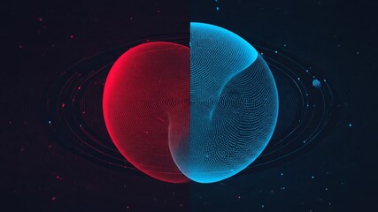 Abstract artwork depicting two luminous, spherical forms, one red and one blue, intertwined against a dark backdrop.  Concentric rings surround the spheres, adding depth - Powered by Adobe
