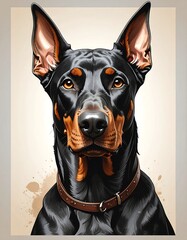 Doberman portrait with cropped ears, shiny coat, and light brown background