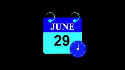 June month 29 date calendar Page with Clock Icon animation on white Background. Digital calendar month concept design.