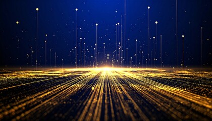 Glowing data streams and particle lights surge upwards