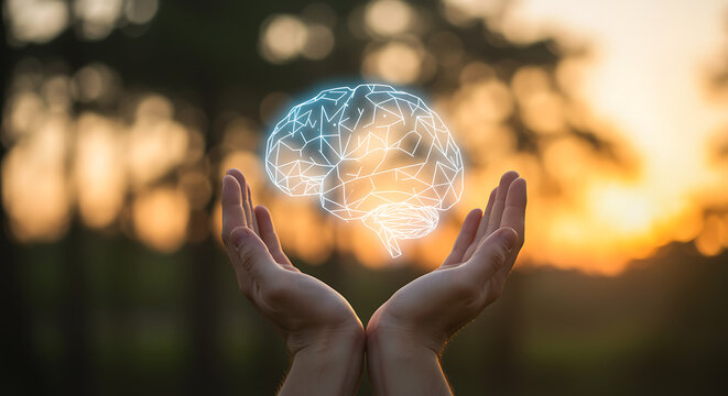 Hands holding a digital brain at sunset technology artificial in - Powered by Adobe