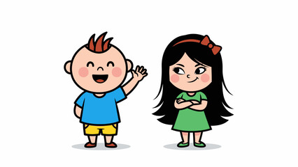 A cheerful boy with spiky hair waves hello, standing next to a girl with long black hair and a red bow, who looks on with a mischievous expression.