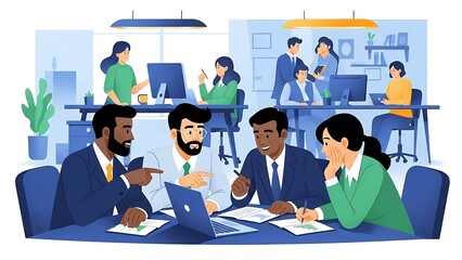 Illustration of a multicultural business team working together, brainstorming ideas in a contemporary corporate setting