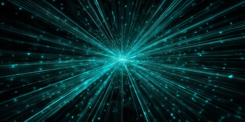 Intense turquoise light beams radiate outward from a central bright core against a dark background