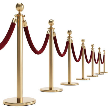 Gold stanchions with red velvet ropes on transparent background
