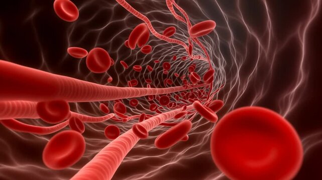 Red blood cell flow in artery vein with thrombosis fibrin clot. Medicine pathology stroke concept.