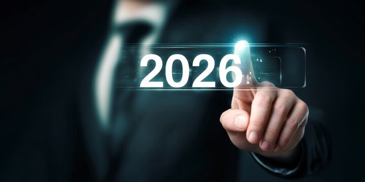 happy new year, business success concept - close-up of business man hand, man's finger points at the 2026 button target touchscreen