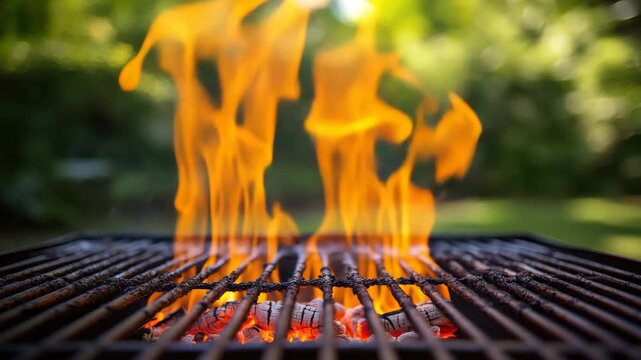 Closeup of bright orange flame rising from hot charcoal briquettes beneath a dirty metal grill grate outdoors with a blurred green background 4k video