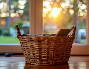 Organizing smartphones in a rustic woven basket near a sunlit window creates a cozy, minimalist aesthetic for your digital wellbeing campaign