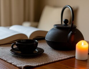 Relax with calming tea by candlelight and an open book for a cozy night in, perfect for promoting mindfulness and self care on a peaceful evening