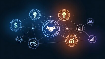 Conceptual illustration of a business network with interconnected icons symbolizing partnership, strategy, growth, and digital innovation on a dark background