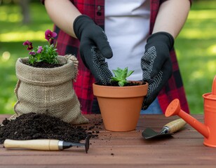 Gardener planting succulents in terracotta pot, fostering growth and bringing nature closer, promoting wellness and sustainable living this spring season