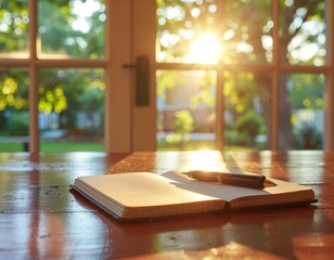 Golden hour inspiration strikes with open journal and elegant pen on rustic wooden table, inviting creativity and reflection in peaceful morning light