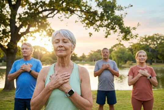 Diverse Senior Group Practicing Mindfulness Outdoors Together