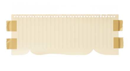 Torn lined notebook paper with tape on transparent background