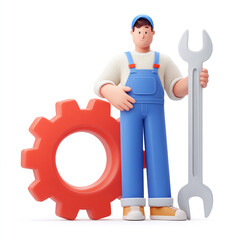 A cheerful 3D cartoon character, a mechanic or worker in blue overalls, holds a large blue wrench and a red gear, smiling at the viewer.