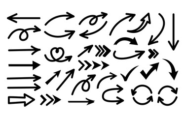 Hand drawn arrow mark icons vector, sketch arrow design for business plan and education, Collection of doodle arrows, Cute mark brush emphasis pencil swoosh, flower set. Vector illustration