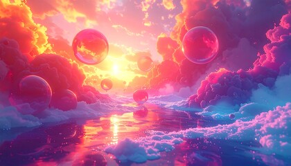 Dreamy, vibrant skyscape with floating orbs, pink clouds, and golden sunlight reflecting off a calm body of water