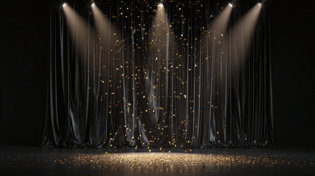 A stage with a dark curtain and spotlights shining down with confetti