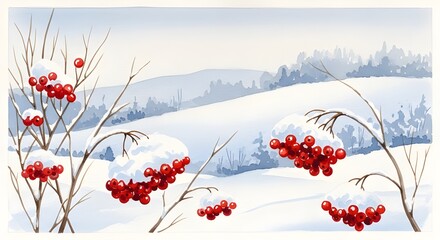 Red berries covered in snow on branches in winter landscape  