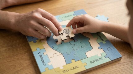 adult and child hands completing mental health puzzle about self care therapy community and support