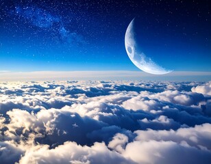 Dreamy view over fluffy clouds, illuminated by a bright crescent moon against a starry, deep blue night sky