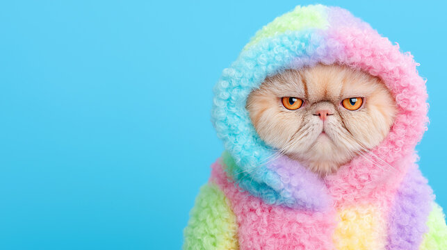 Grumpy cat in rainbow fluffy hoodie on blue background &ndash; funny and cute pet portrait